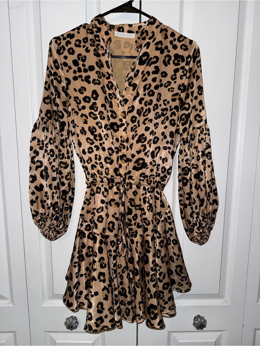 KARLIE Leopard Print Button-Front Mini Dress Balloon Sleeve Size S